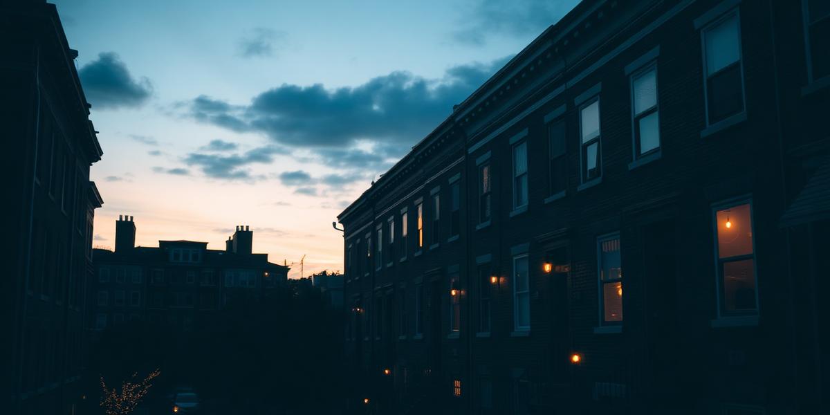 Moody dusk view of Philadelphia row homes with warm window lights
